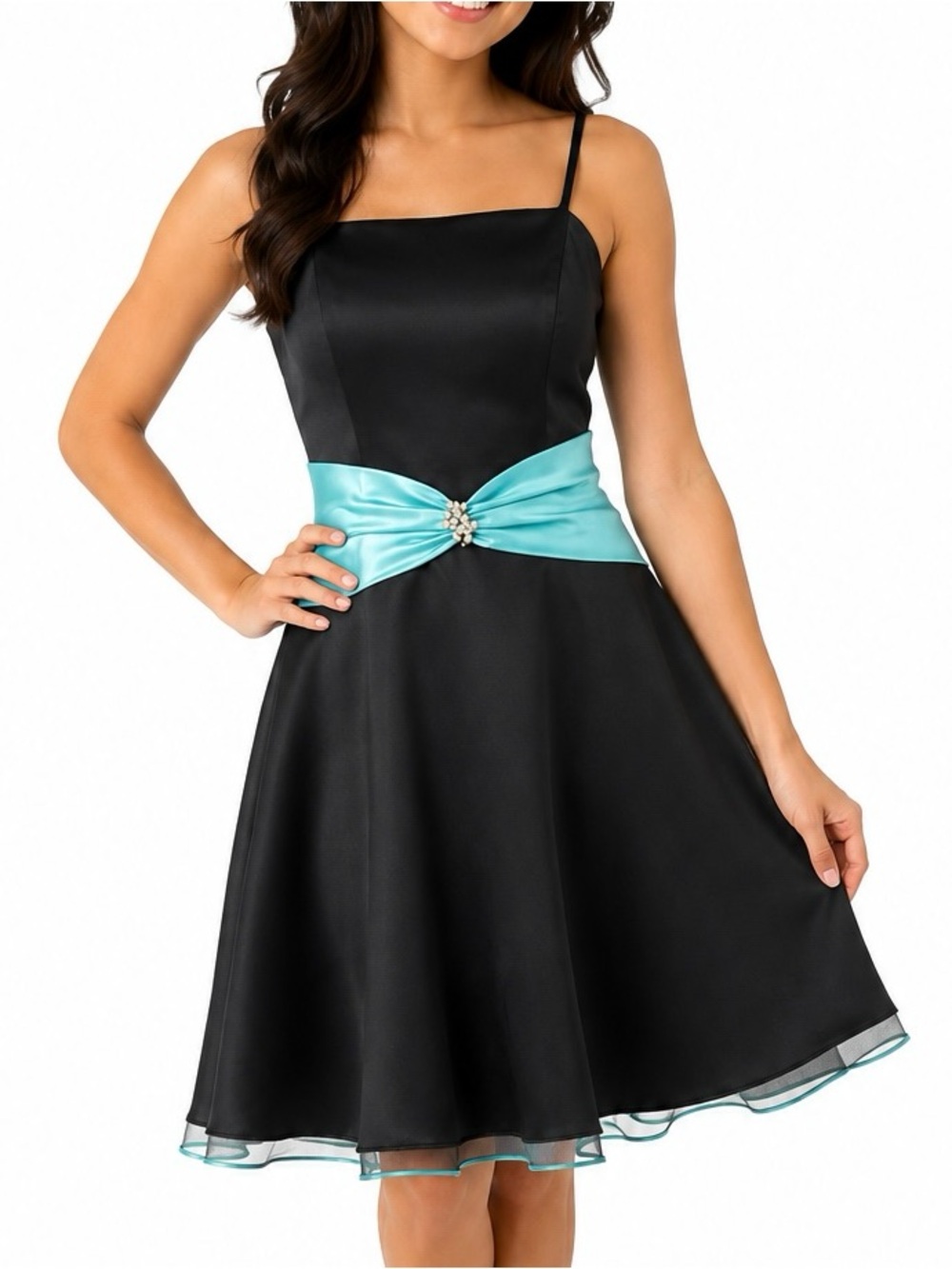 Aspeed Y2K Black Midi Dress with Aqua Satin Waistband and Jewel Detail